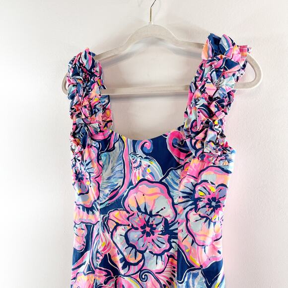 Lilly Pulitzer Devina Floral Ruffle Strap Stretch Mini Sheath Dress Navy Pink 00 - Picture 8 of 10